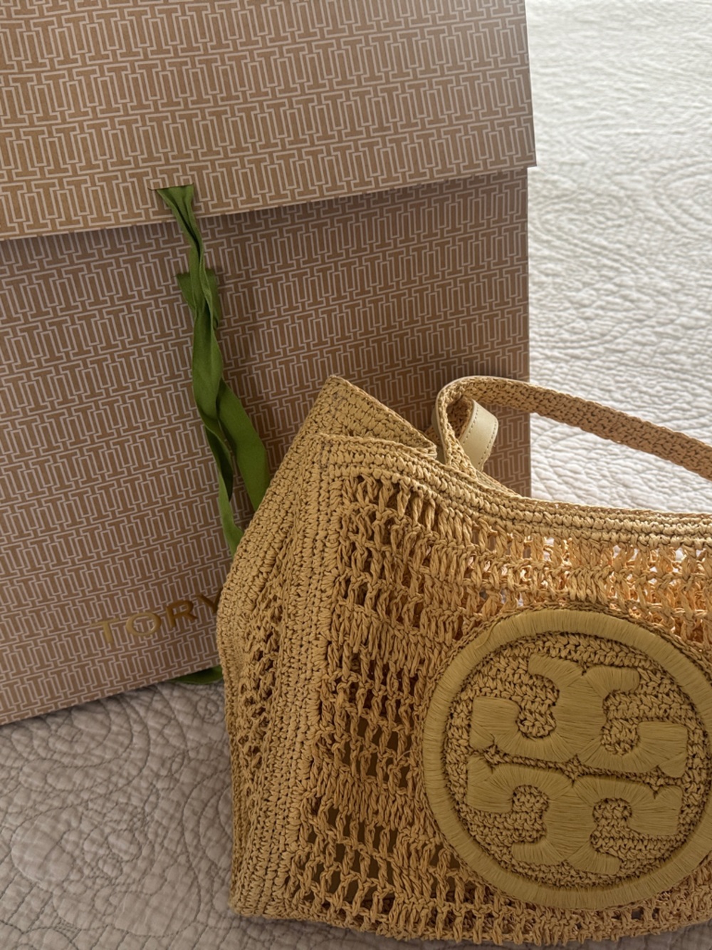 Tory Burch Beige Woven Straw Tote with Logo Patch